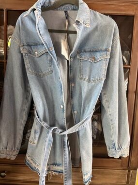 Liu Jo Light Blue Denim Belted Jacket with Frayed Hem